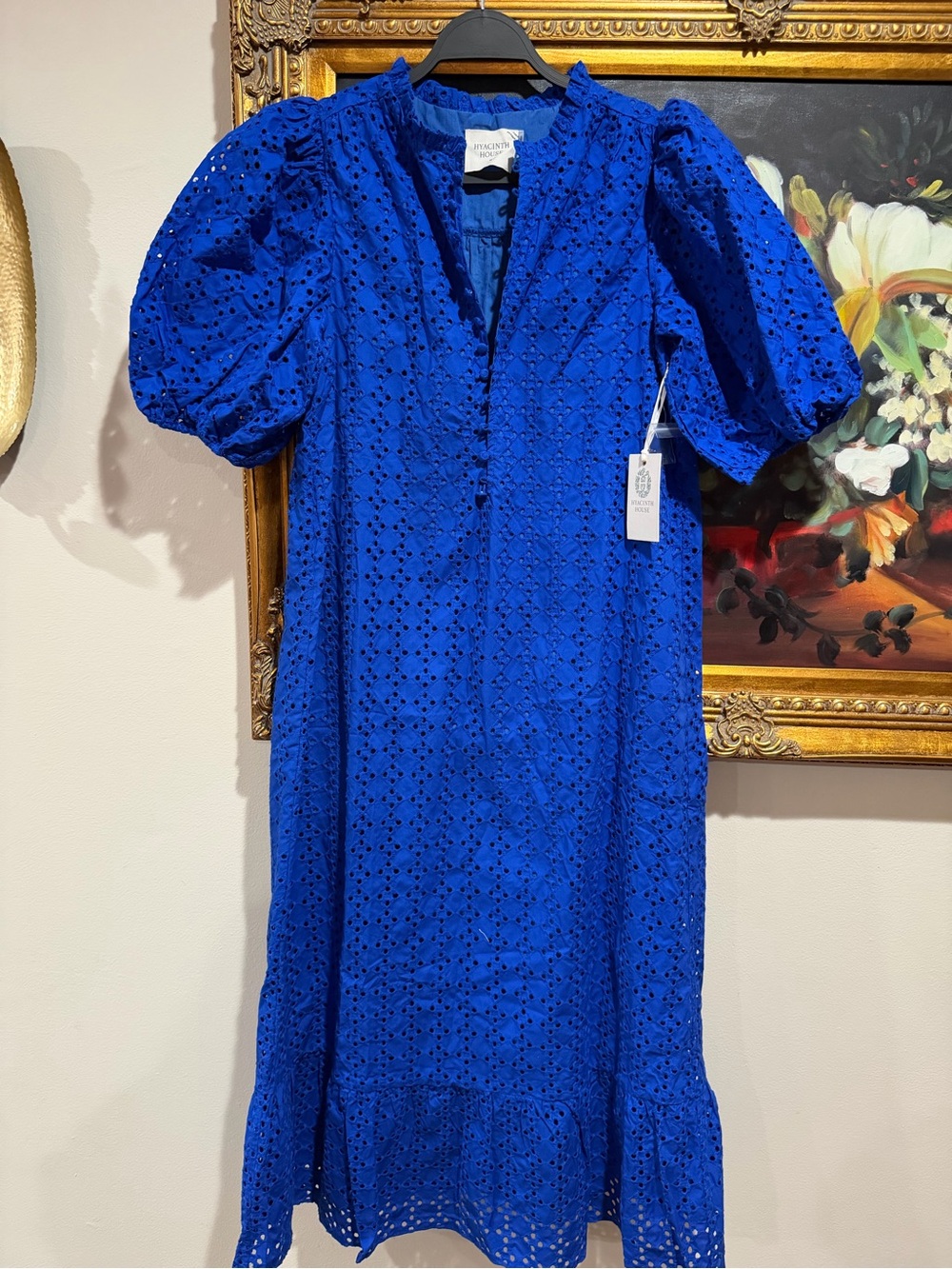 Hyacinth House Puff-Sleeve Midi Dress in Cobalt Blue